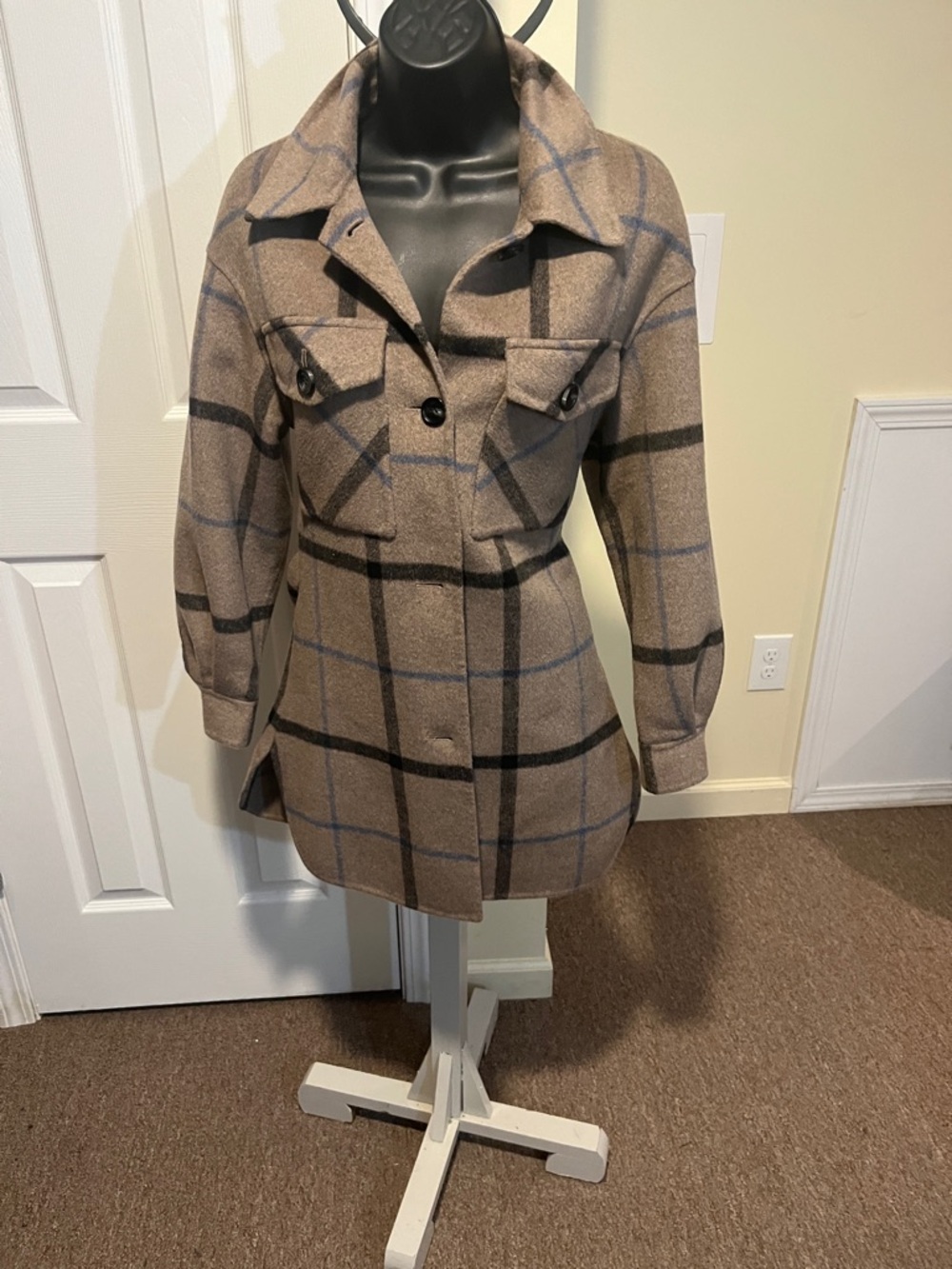 Checked Taupe Plaid Trench Coat - Classic Tailored Style